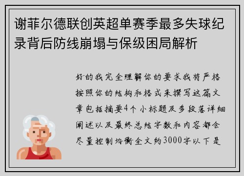 谢菲尔德联创英超单赛季最多失球纪录背后防线崩塌与保级困局解析
