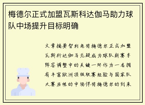 梅德尔正式加盟瓦斯科达伽马助力球队中场提升目标明确 梅德尔正式加盟瓦斯科达伽马助力球队中场提升目标明确